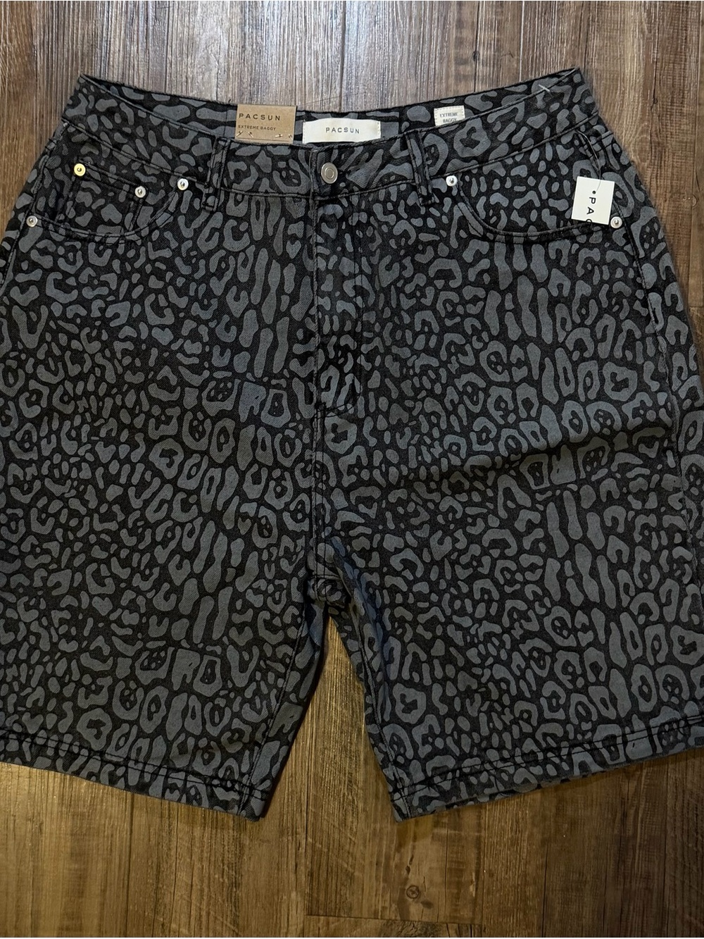 PacSun Men's Black and Gray Animal-Print Denim Shorts